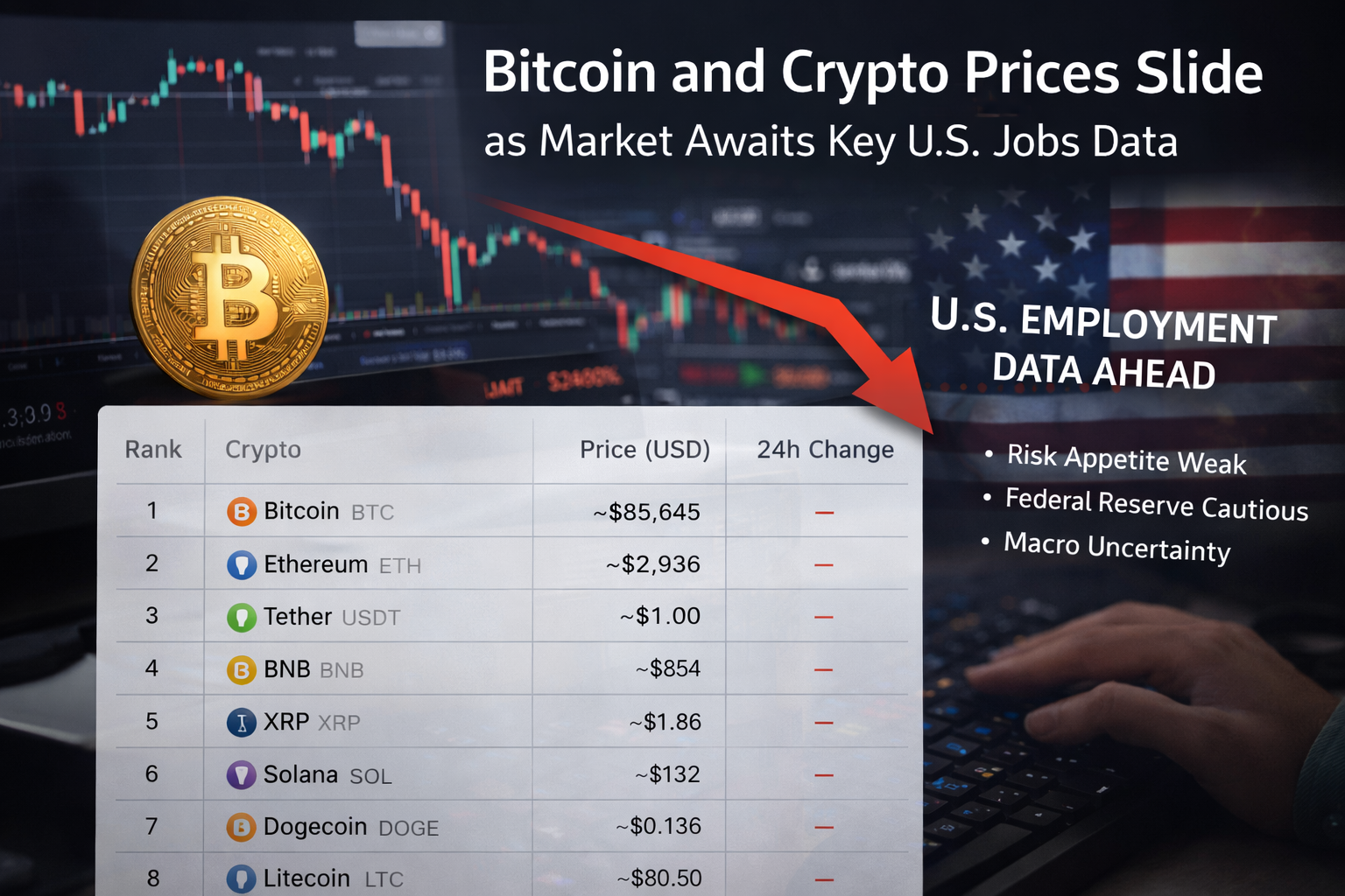 Bitcoin and Crypto Prices Slide as Market Awaits Key U.S. Jobs Data